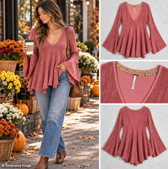 Free People Sundae Pullover Sweater Medium Rose Pink Bell Sleeve Linen Cotton