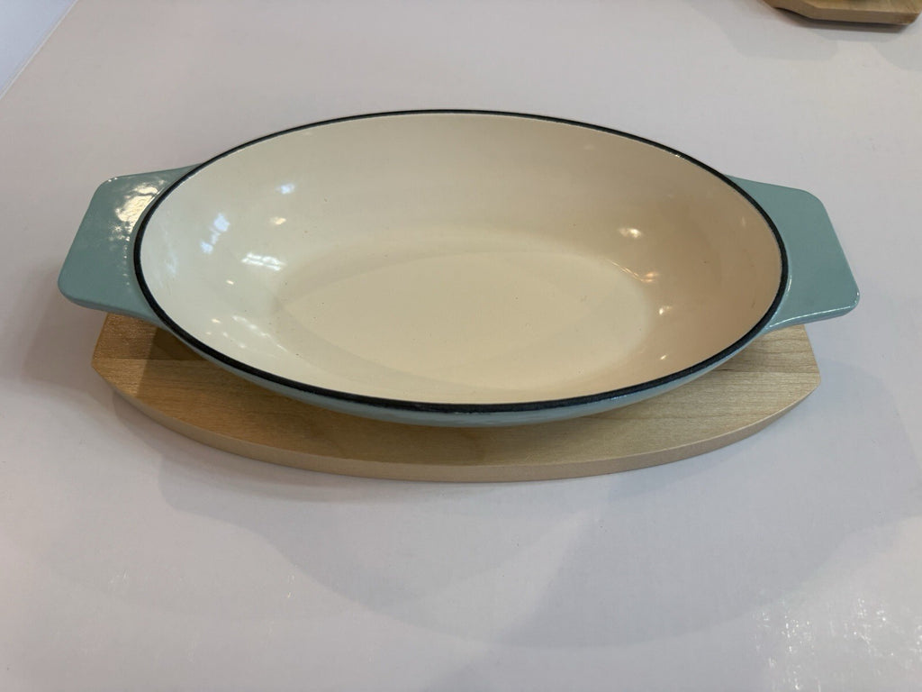 2 Martha Stewart Enameled Cast Iron Oval Casserole Dishes Wood Trivet Set Aqua