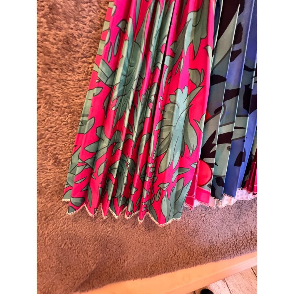 Far Above Rubies Tropical Print Pleated Midi Dress Tie Neck 3/4 Sleeve 3XL
