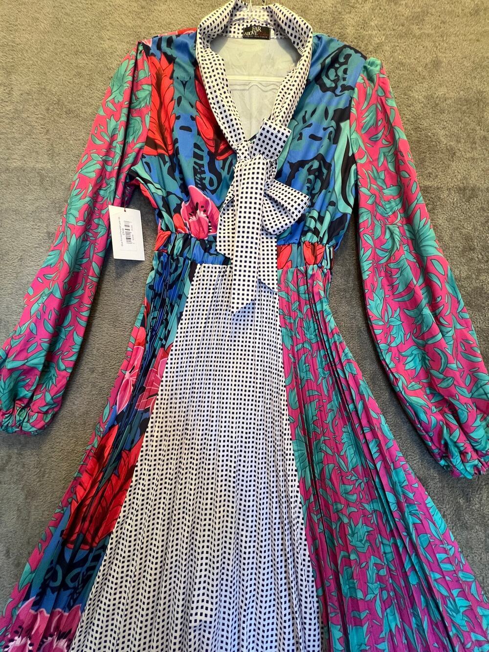 Far Above Rubies Tropical Print Pleated Midi Dress Tie Neck 3/4 Sleeve 3XL