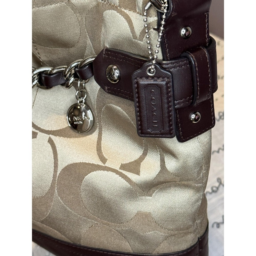 Coach Khaki Signature Jacquard Convertible Shoulder Bag Mahogany Leather F18862