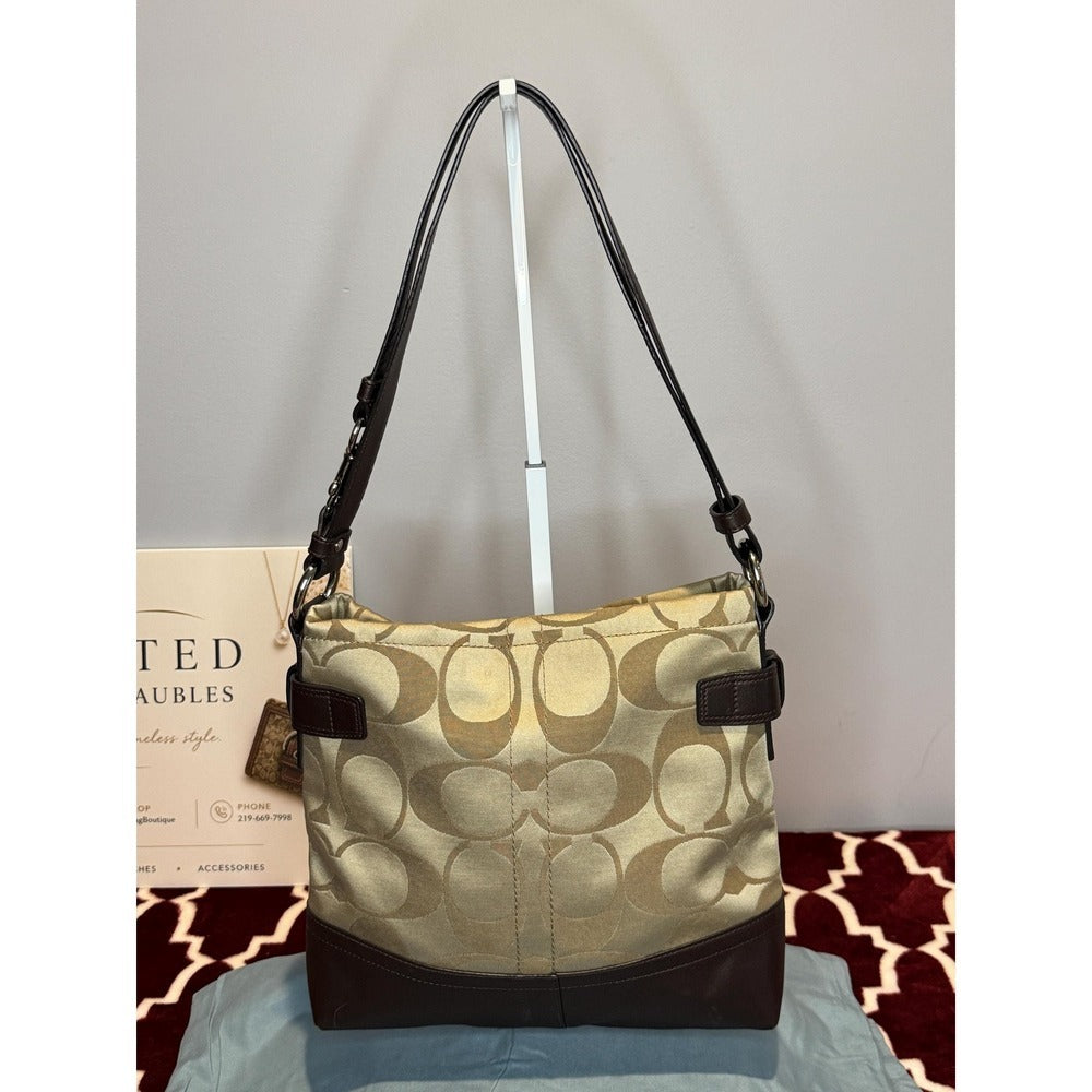 Coach Khaki Signature Jacquard Convertible Shoulder Bag Mahogany Leather F18862