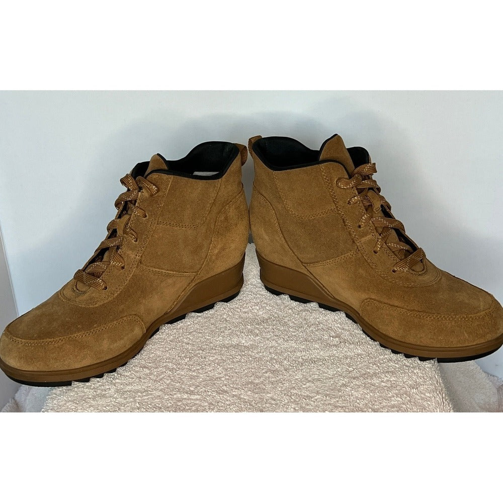 Sorel Evie Sport Lace Tan Suede Wedge Ankle Boots 8.5 NL3817