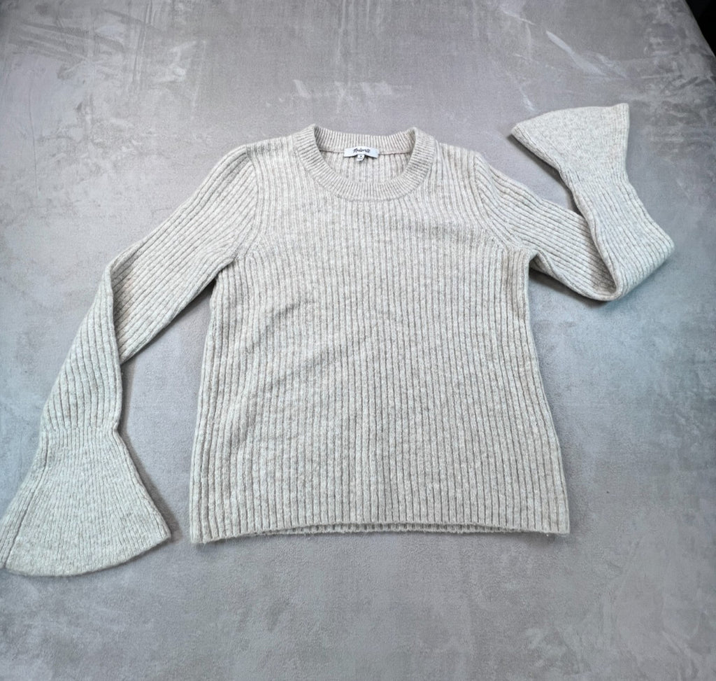 Madewell Ruffle Cuff Pullover Sweater M Heather Oak Wool Blend Ribbed K5771