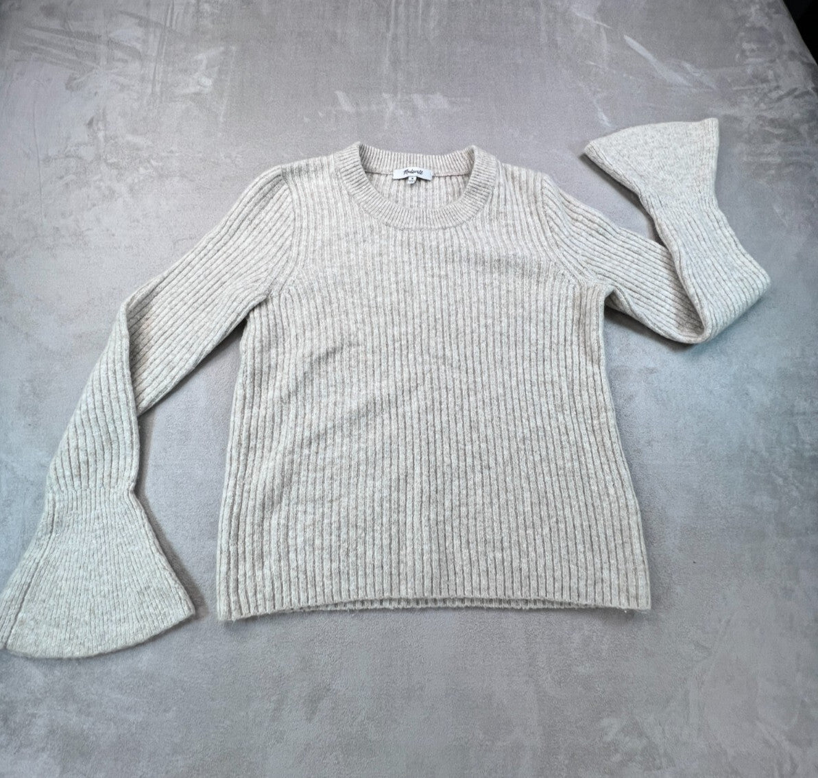 Madewell Ruffle Cuff Pullover Sweater M Heather Oak Wool Blend Ribbed K5771