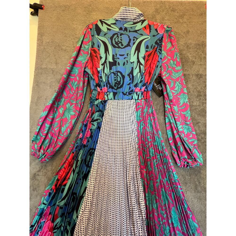 Far Above Rubies Tropical Print Pleated Midi Dress Tie Neck 3/4 Sleeve 3XL
