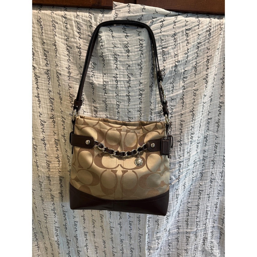 Coach Khaki Signature Jacquard Convertible Shoulder Bag Mahogany Leather F18862