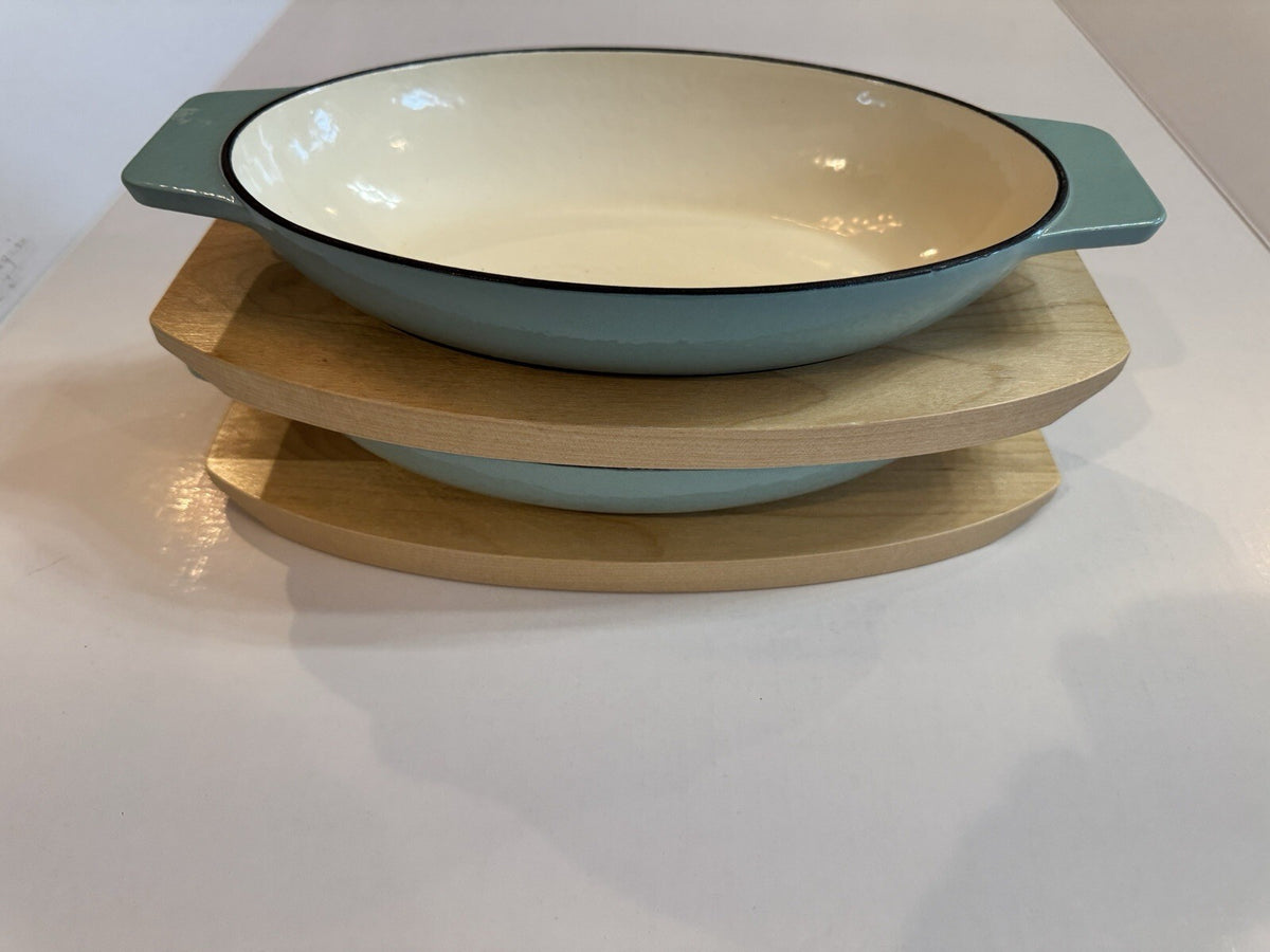 2 Martha Stewart Enameled Cast Iron Oval Casserole Dishes Wood Trivet Set Aqua