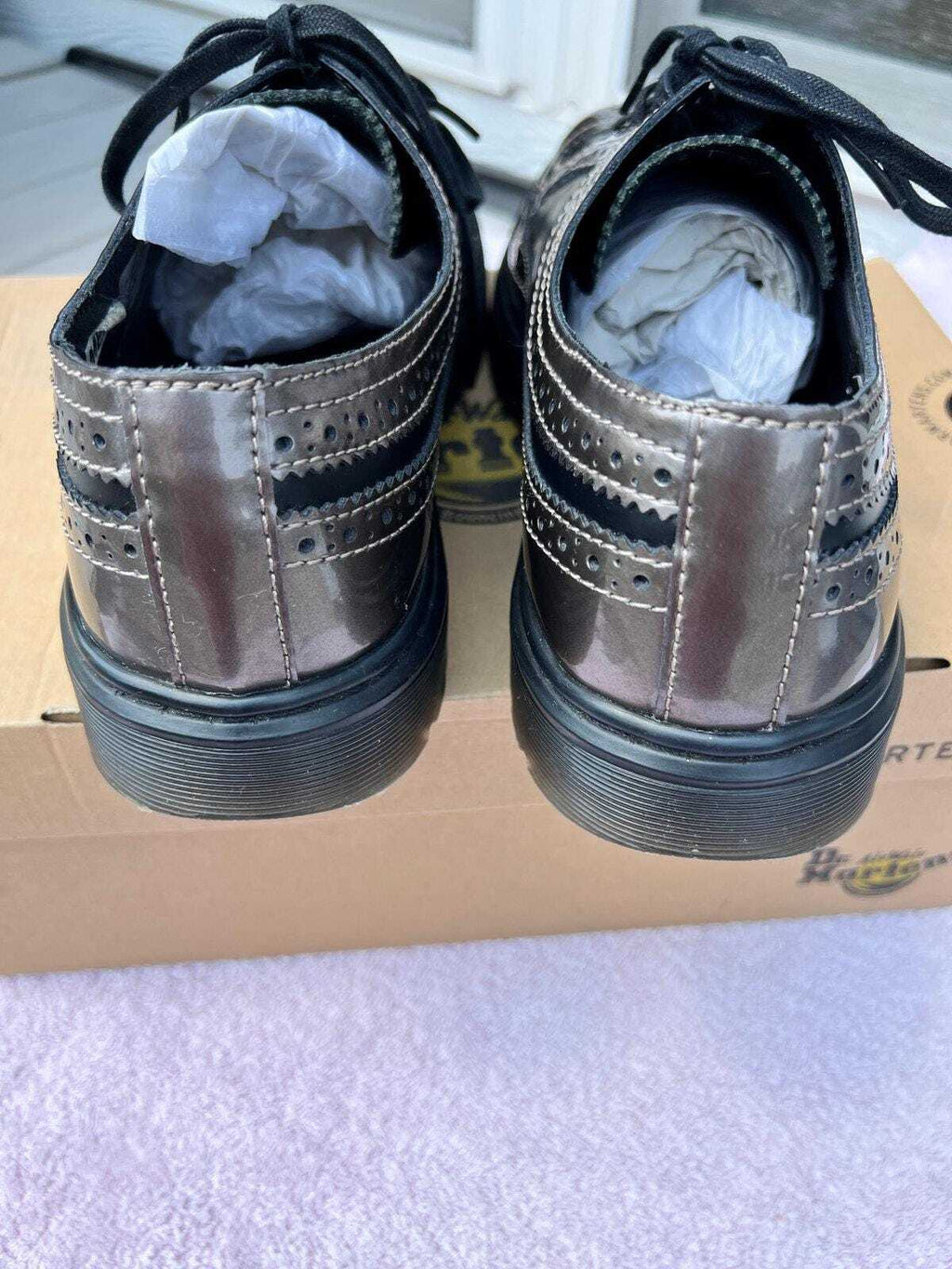 Dr Martens Floyd Wingtip Brogue Shoes Mens 10 Pewter Black Spectra Patent UK 9