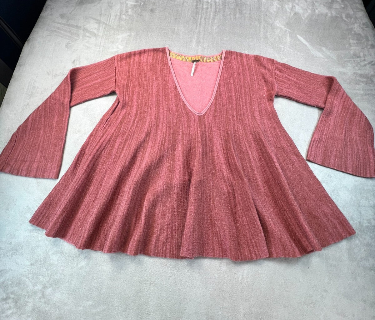 Free People Sundae Pullover Sweater Medium Rose Pink Bell Sleeve Linen Cotton