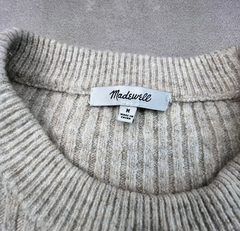 Madewell Ruffle Cuff Pullover Sweater M Heather Oak Wool Blend Ribbed K5771