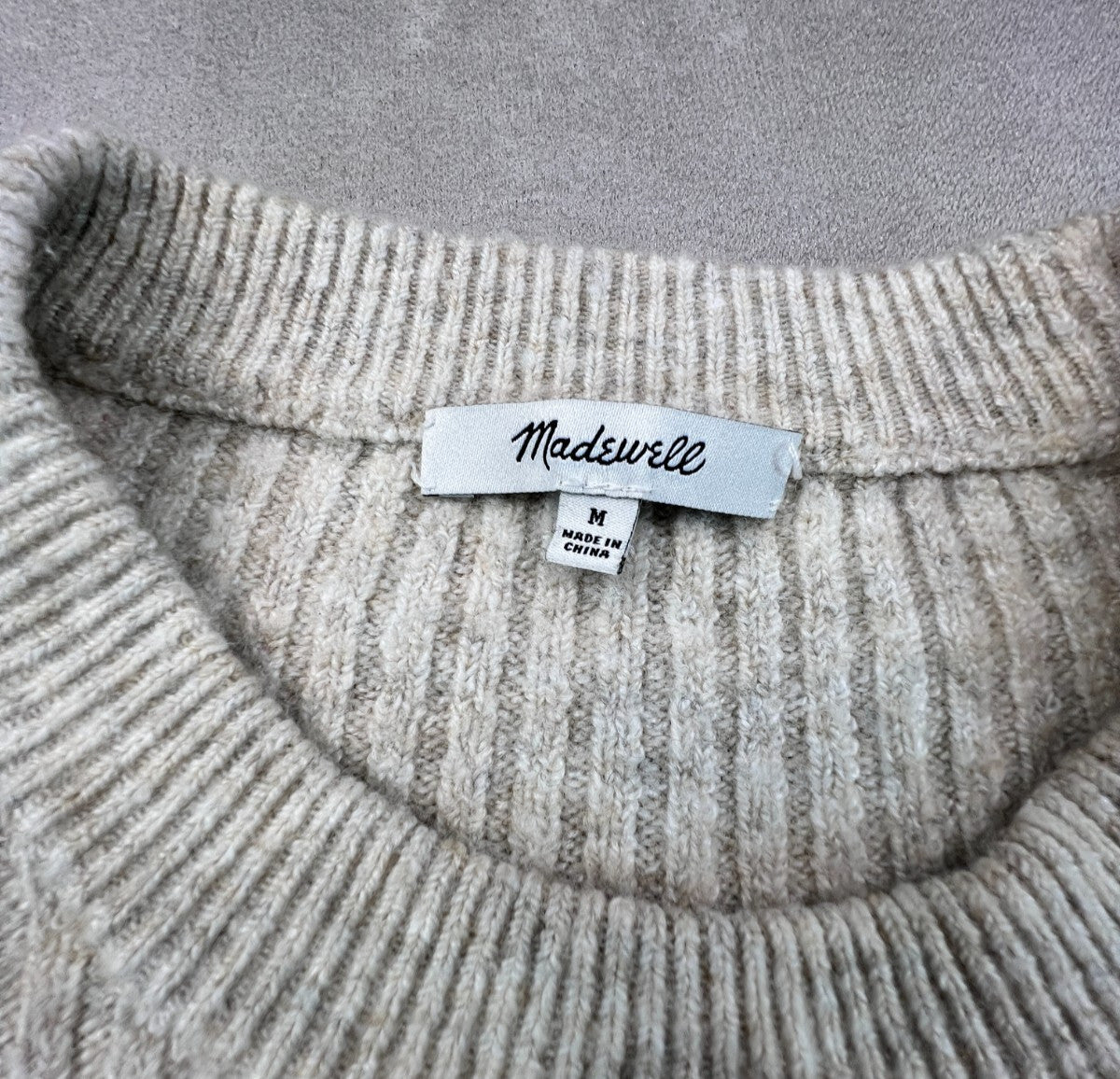 Madewell Ruffle Cuff Pullover Sweater M Heather Oak Wool Blend Ribbed K5771