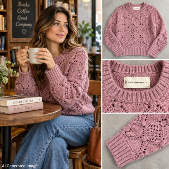 Lucky Brand Womens S Dusty Rose Openwork Bobble Knit Sweater Romantic Boho