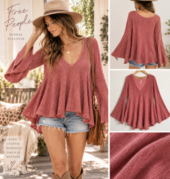 Free People Sundae Pullover Sweater Medium Rose Pink Bell Sleeve Linen Cotton