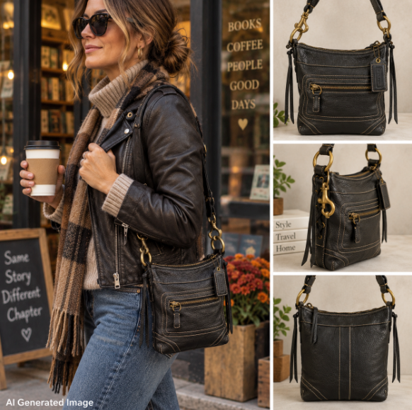 Coach Bleecker 10398 Vintage Black Leather Convertible Crossbody Shoulder Bag