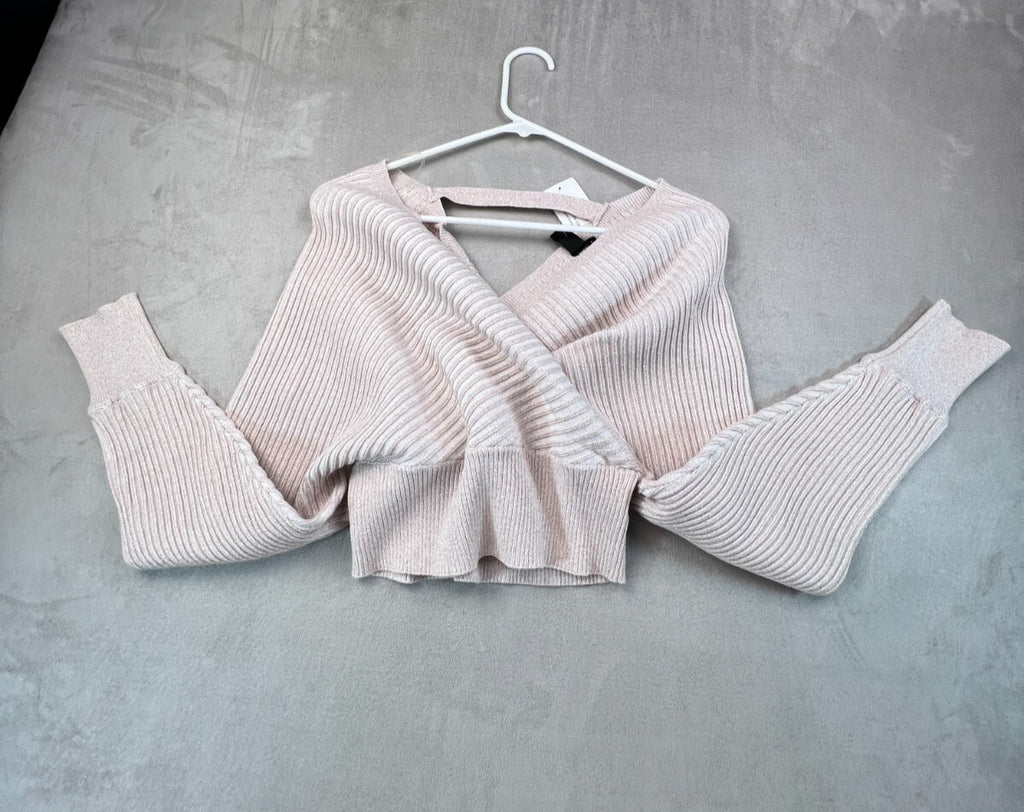 Windsor Ribbed Wrap Sweater Womens L Blush Pink Cropped Surplice V Neck NWT