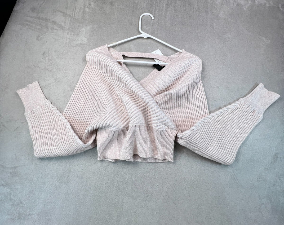 Windsor Ribbed Wrap Sweater Womens L Blush Pink Cropped Surplice V Neck NWT