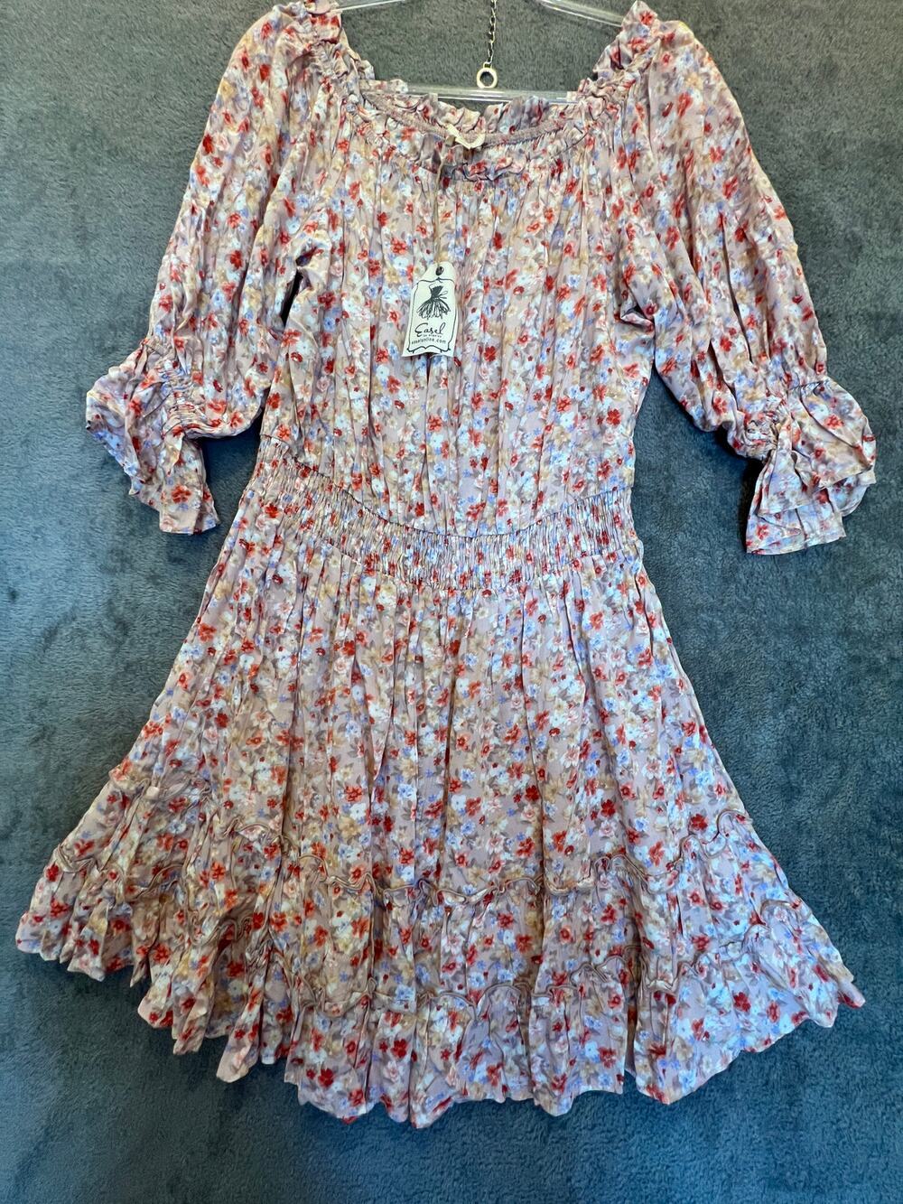 Easel Los Angeles Floral Smocked Off Shoulder Mini Dress NWT Large Boho
