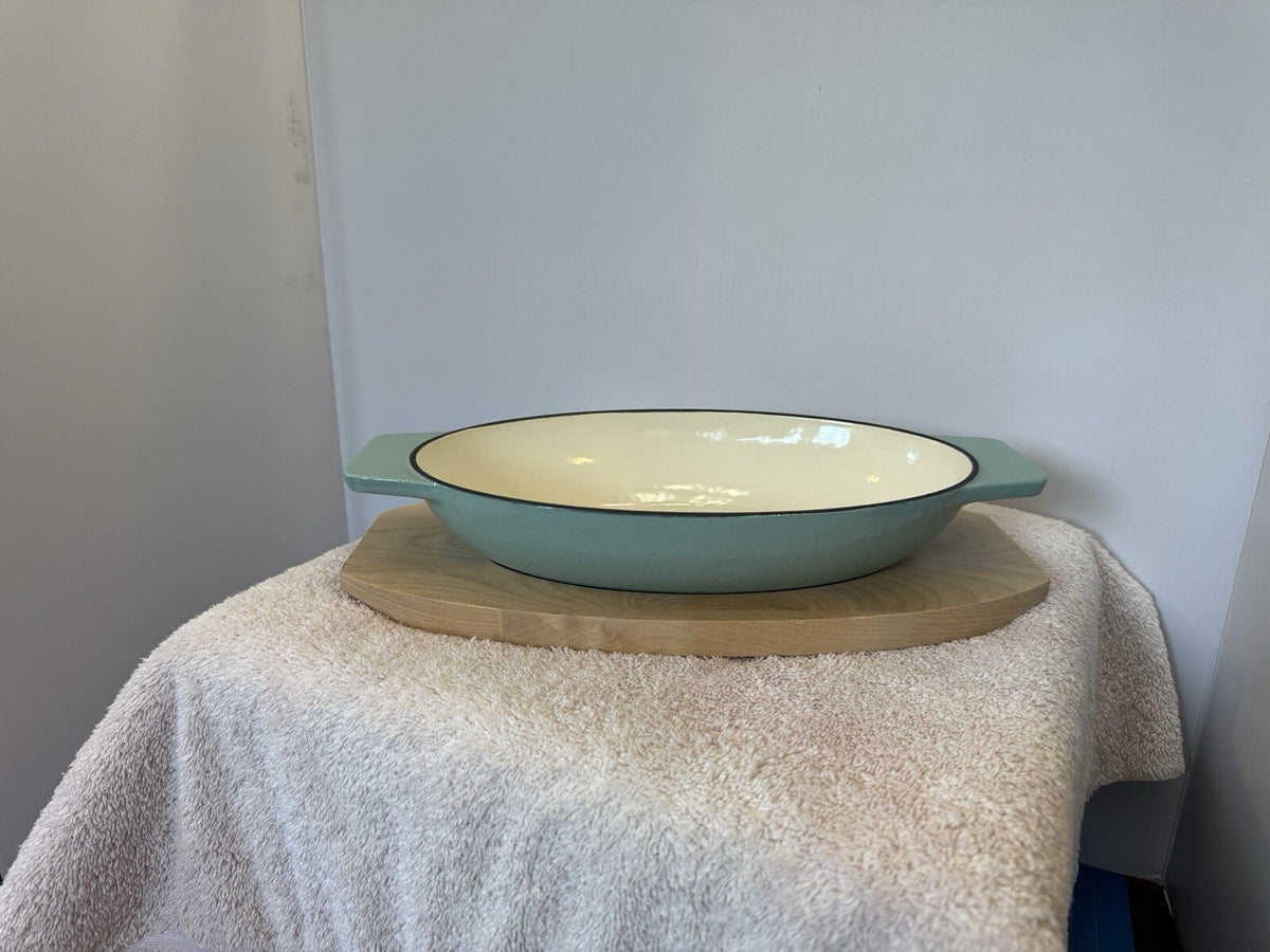 2 Martha Stewart Enameled Cast Iron Oval Casserole Dishes Wood Trivet Set Aqua