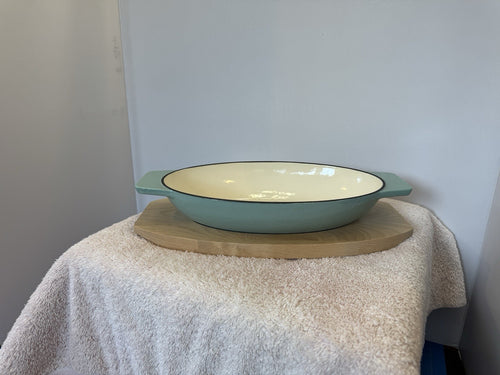 2 Martha Stewart Enameled Cast Iron Oval Casserole Dishes Wood Trivet Set Aqua