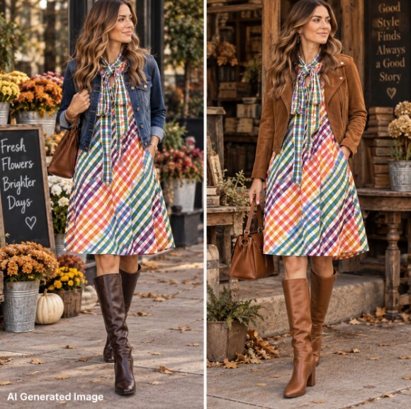 J.Crew Rainbow Gingham Tie Neck Dress 12P Petite Preppy Resort Plaid