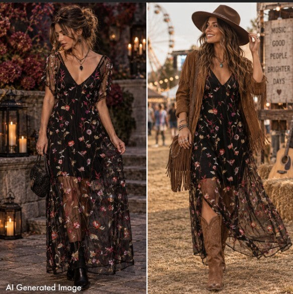 Black Embroidered Floral Mesh Maxi Dress Boho Evening Dance & Marvel