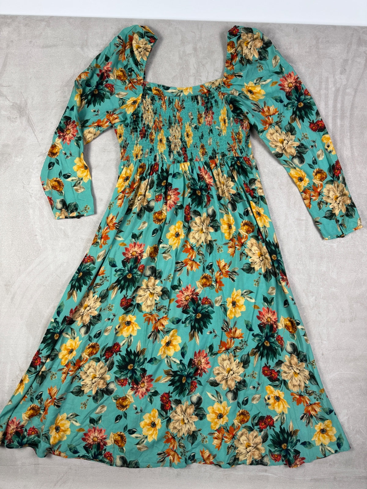 Johnny Was Bonita Midi Dress L Floral Rayon Smocked Square Neck Boho