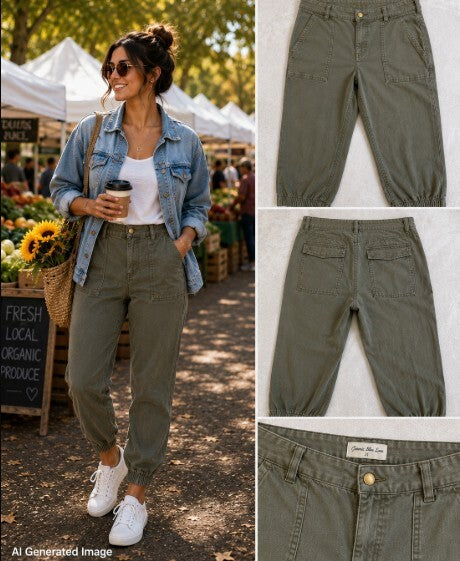 Cosmic Blue Love Womens 31 Olive Green Stretch Jogger Pants Elastic Cuff