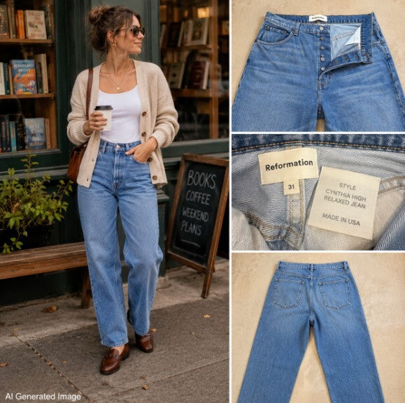 Reformation Cynthia High Rise Relaxed Jeans Womens 31 Blue Button Fly Made USA