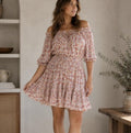 Easel Los Angeles Floral Smocked Off Shoulder Mini Dress NWT Large Boho