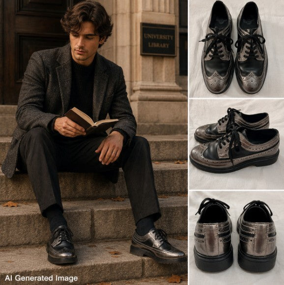 Dr Martens Floyd Wingtip Brogue Shoes Mens 10 Pewter Black Spectra Patent UK 9