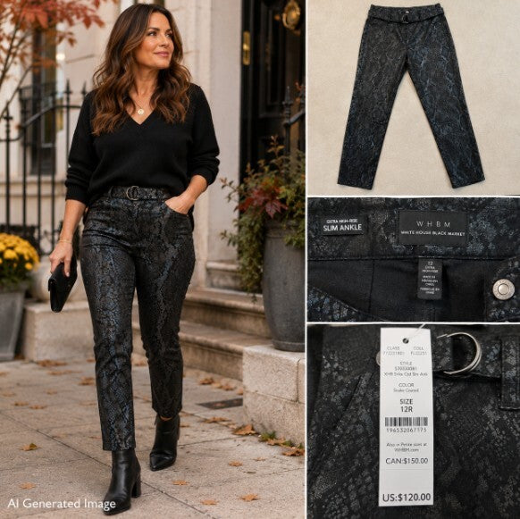 WHBM Snake Skin Pattern Pants 12 Extra High Rise Belt Black