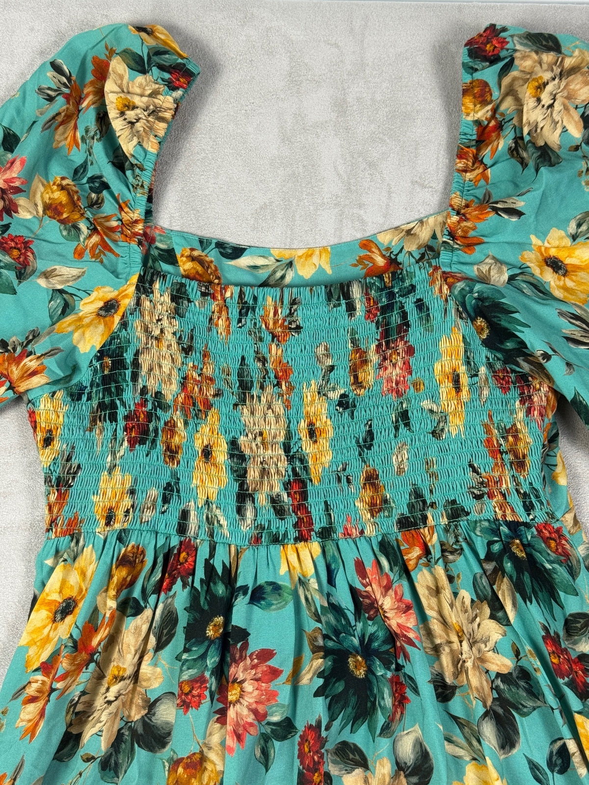 Johnny Was Bonita Midi Dress L Floral Rayon Smocked Square Neck Boho