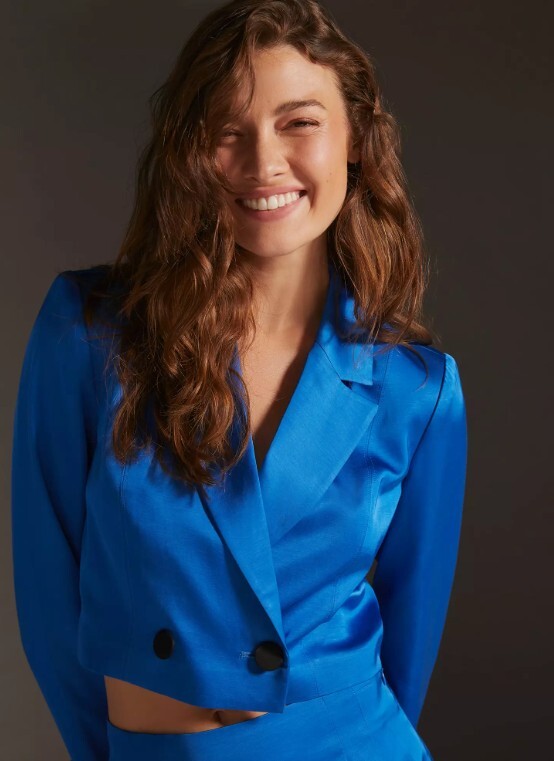 Mare Mare Anthropologie Blazer Mini Skirt Set M NWT Cobalt Blue Linen Blend