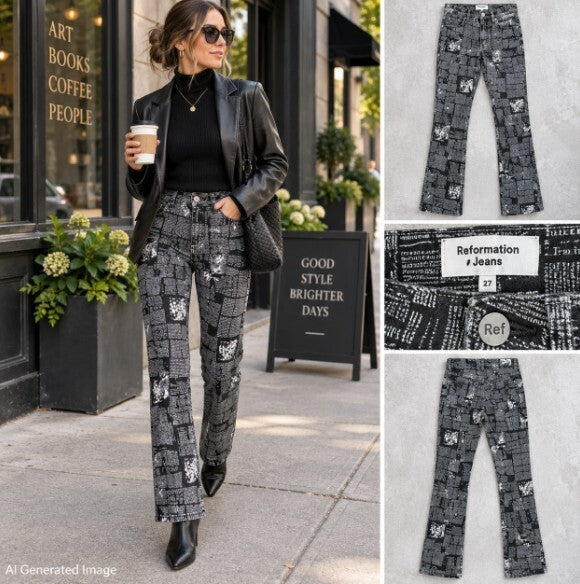 Reformation Peyton Zine Jeans 27 Black Newsprint High Rise Bootcut Graphic Rare