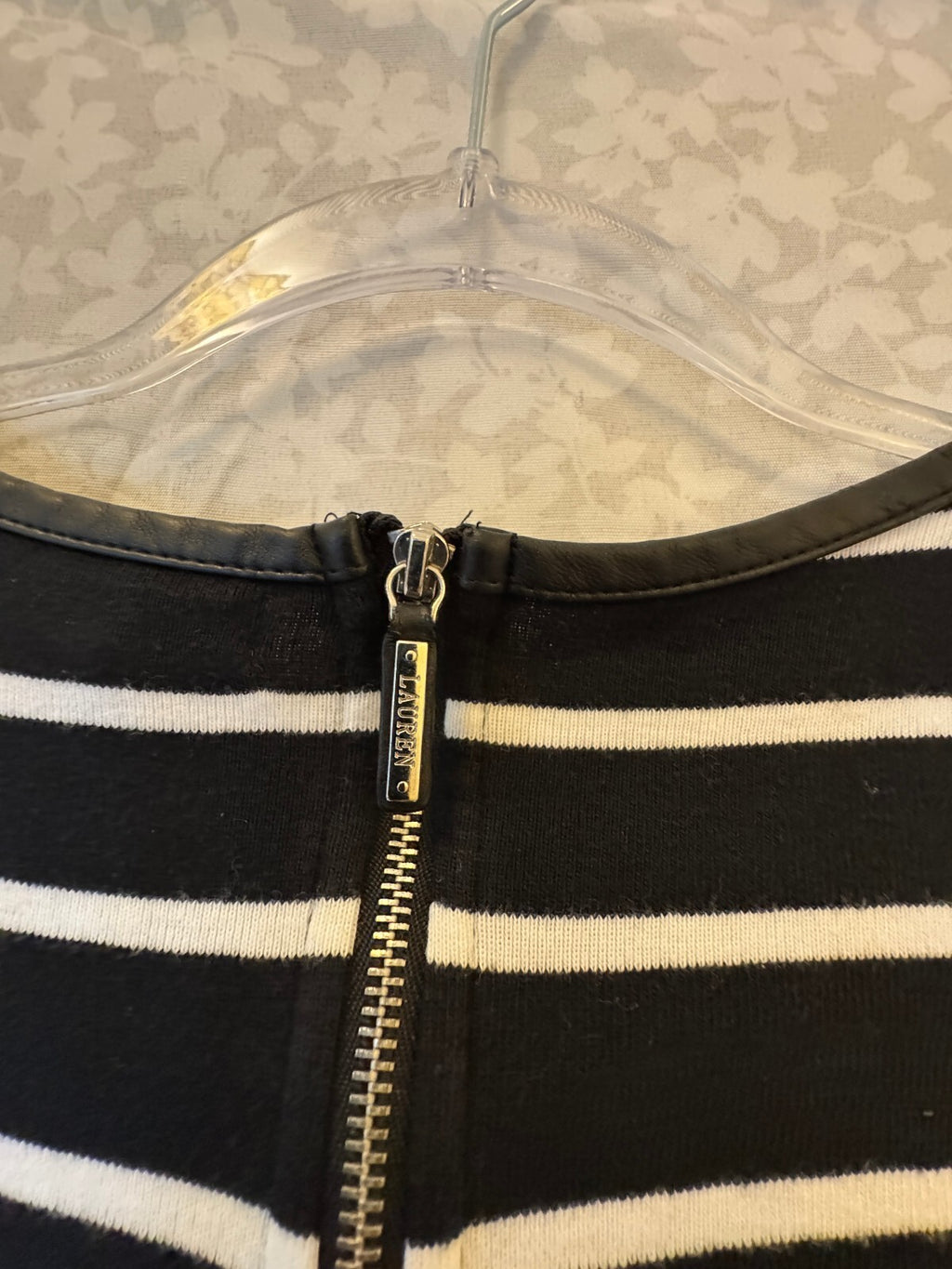 Lauren Ralph Lauren Striped Sheath Dress M Preppy Black White Blue Faux Leather