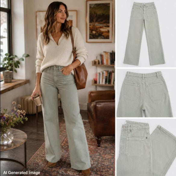 Reformation Alyssa Jeans Women's 29 Green High Rise Wide Leg Long Stretch Denim