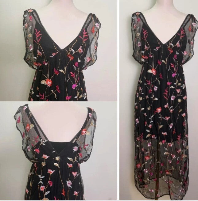 Black Embroidered Floral Mesh Maxi Dress Boho Evening Dance & Marvel