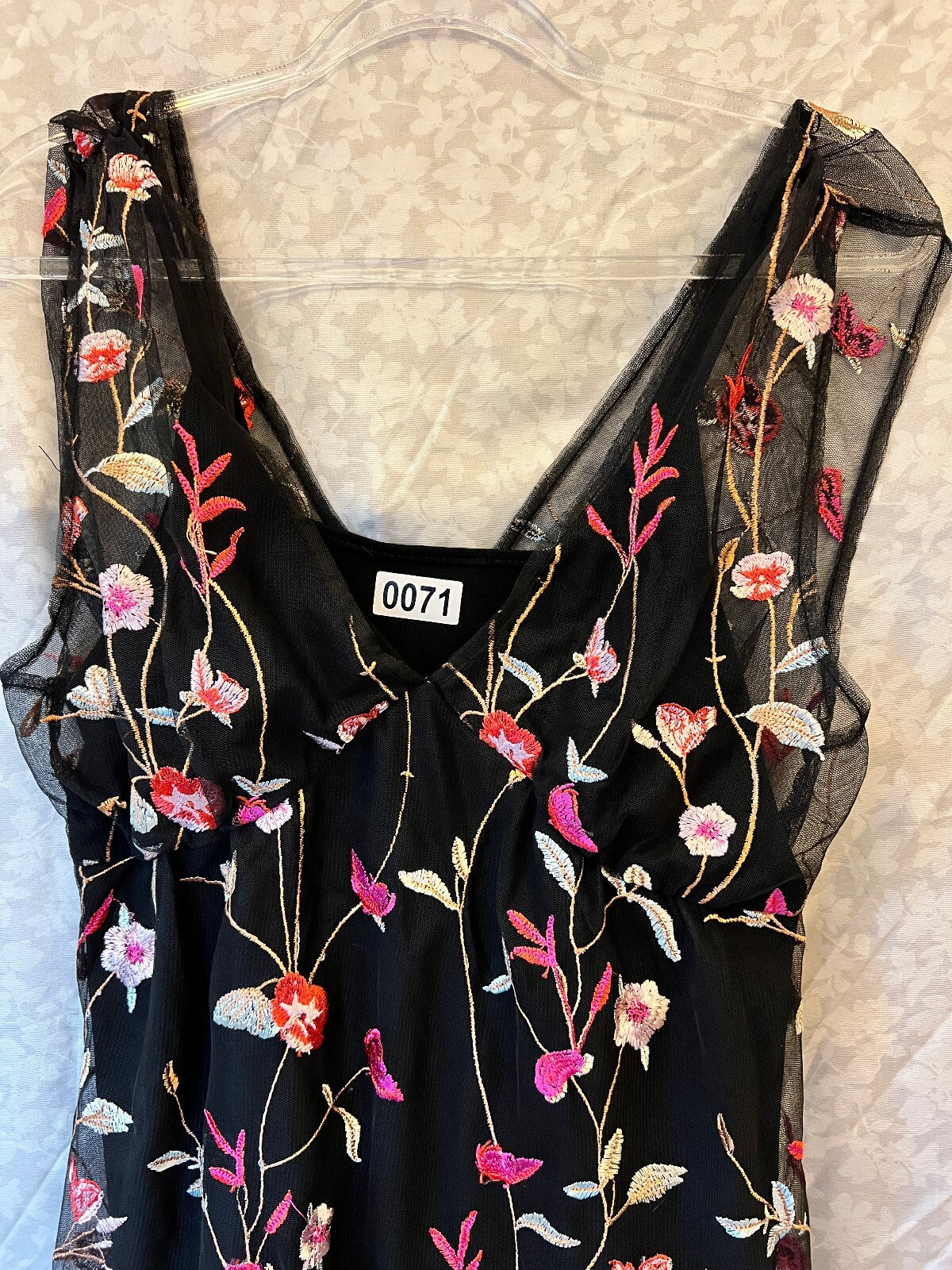 Black Embroidered Floral Mesh Maxi Dress Boho Evening Dance & Marvel