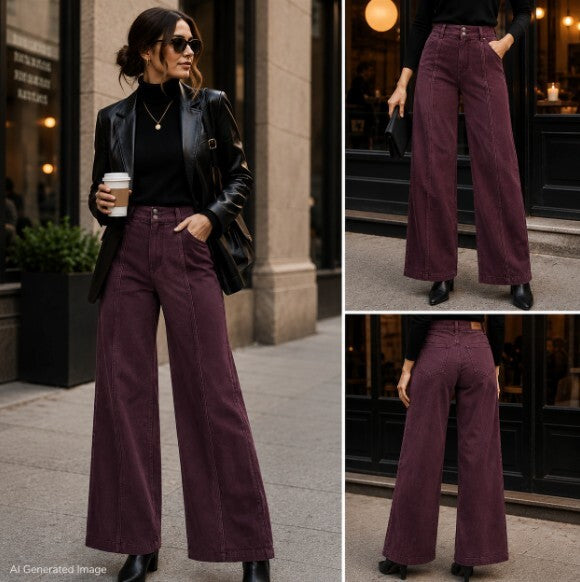 PAIGE Brooklyn Womens 27 Burgundy High Rise Wide Leg Jeans Stretch
