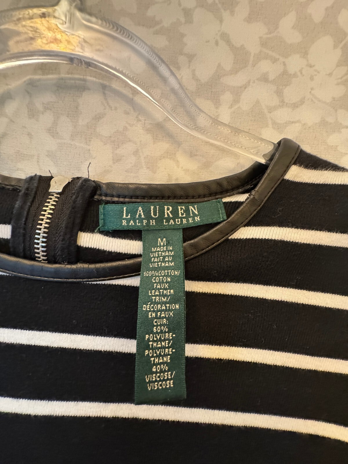 Lauren Ralph Lauren Striped Sheath Dress M Preppy Black White Blue Faux Leather