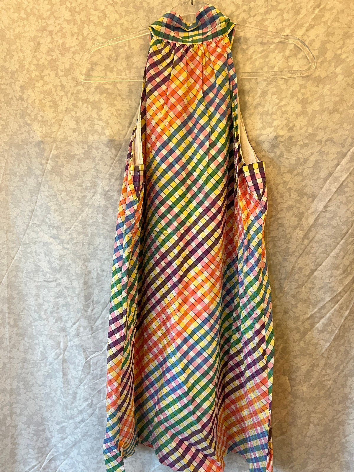 J.Crew Rainbow Gingham Tie Neck Dress 12P Petite Preppy Resort Plaid