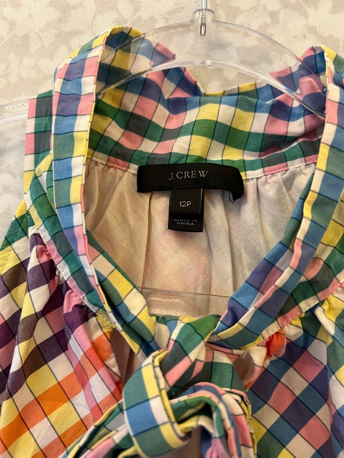 J.Crew Rainbow Gingham Tie Neck Dress 12P Petite Preppy Resort Plaid