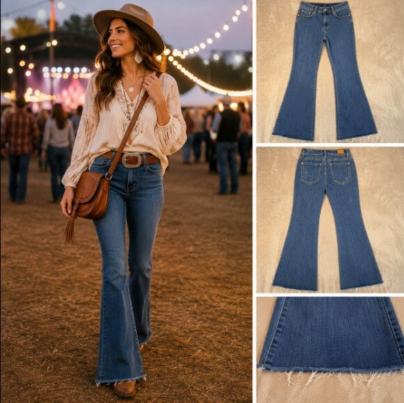 Judy Blue 9/29 High Rise Flare Jeans Long 32" Inseam Raw Frayed Hem JB88611