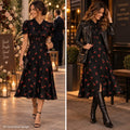 Polo Ralph Lauren Cherry Print Crepe Dress Womens 8 Black Tie Neck Midi