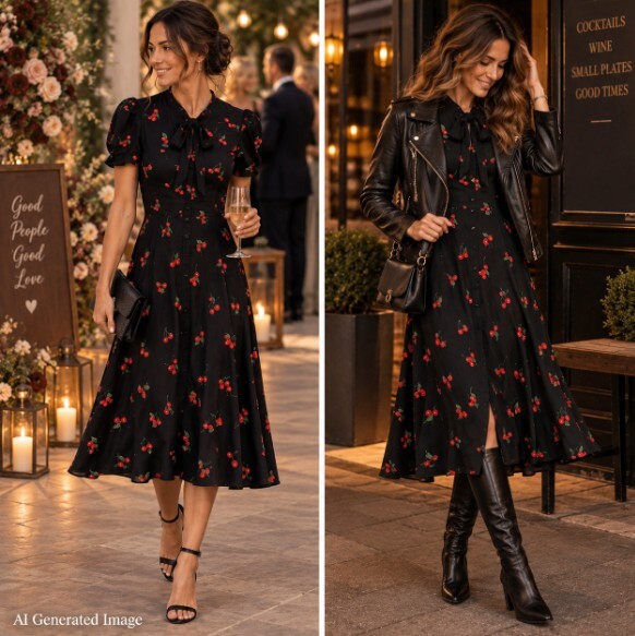 Polo Ralph Lauren Cherry Print Crepe Dress Womens 8 Black Tie Neck Midi