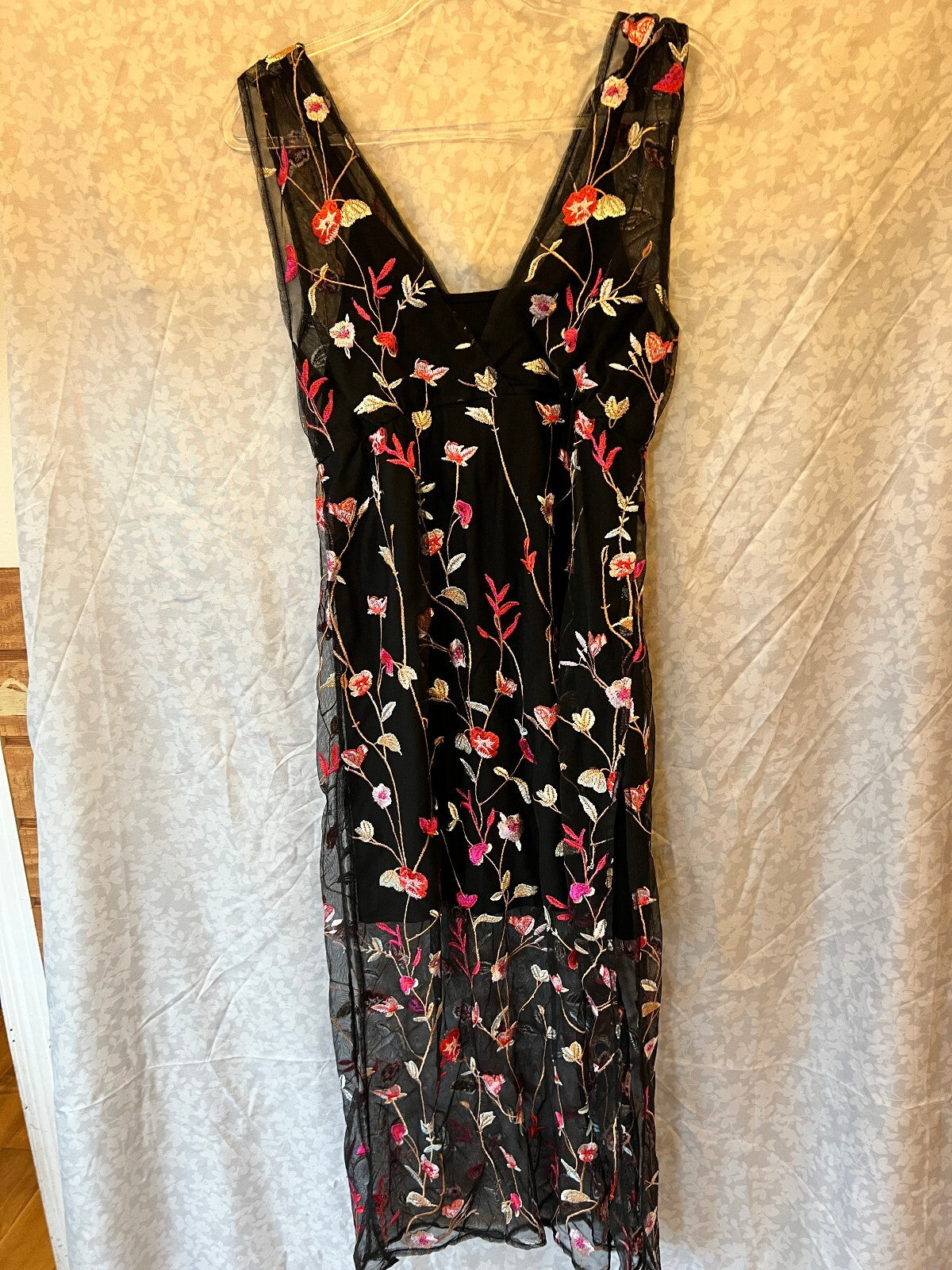 Black Embroidered Floral Mesh Maxi Dress Boho Evening Dance & Marvel