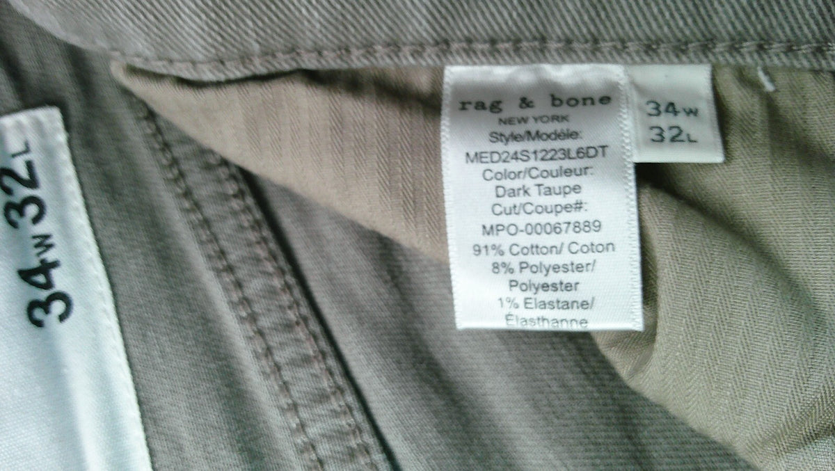 rag & bone Fit 2 Men's Jeans 34x32 Dark Taupe Aero Stretch Slim Fit