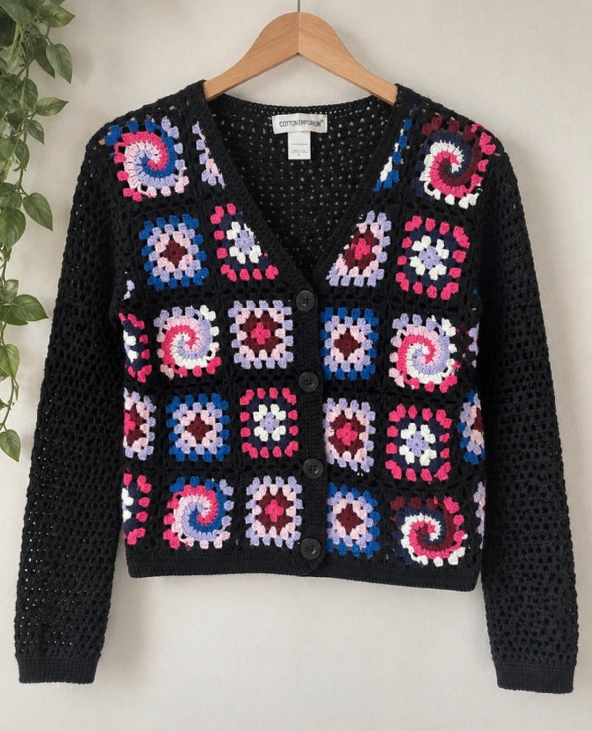 Granny Square Crochet Cardigan Womens Black Patchwork Boho Cotton Emporium