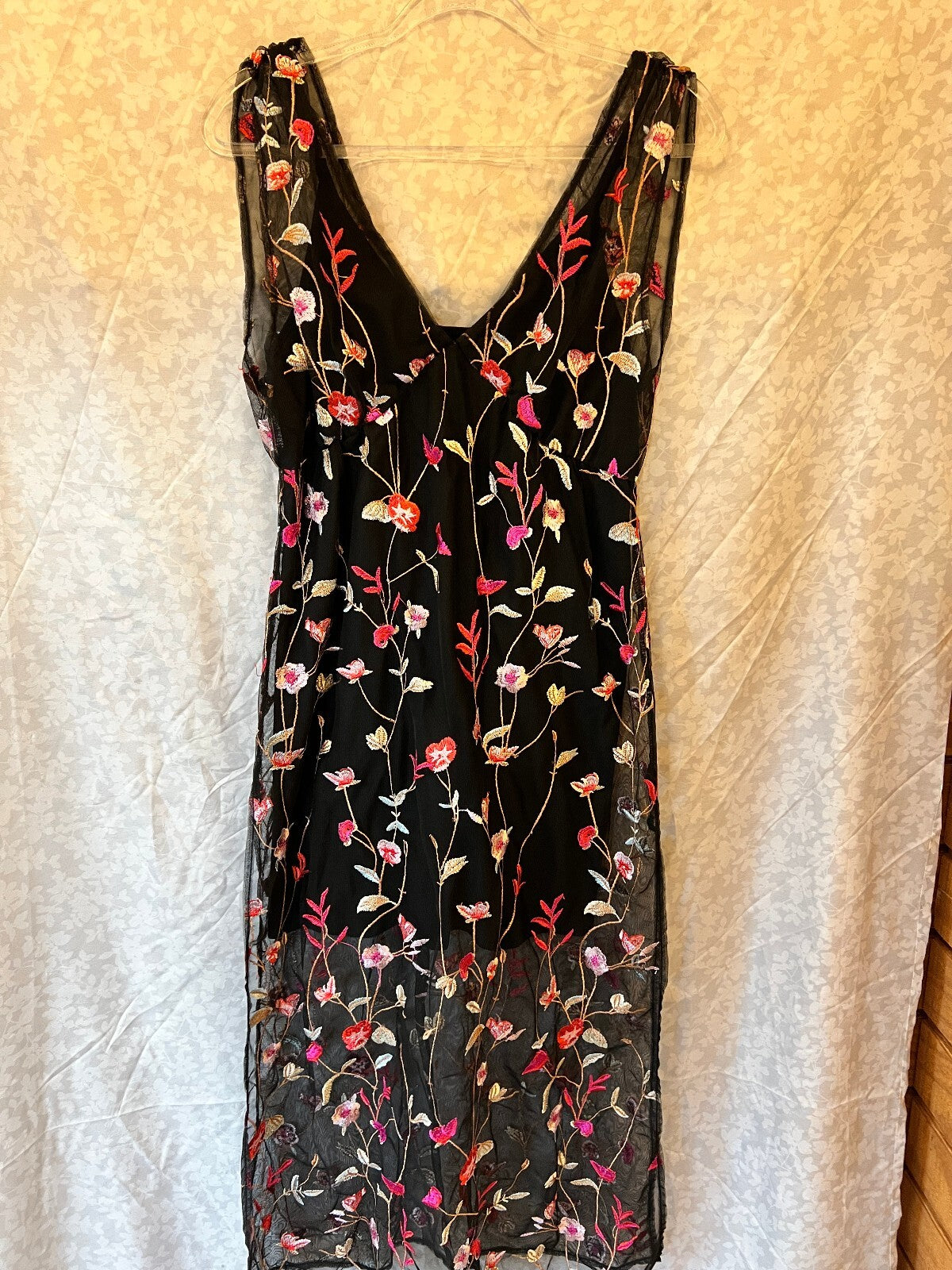 Black Embroidered Floral Mesh Maxi Dress Boho Evening Dance & Marvel